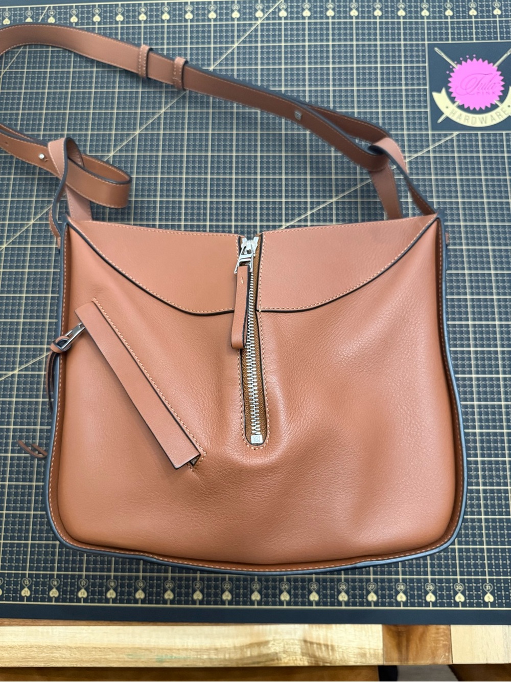 Loewe Cognac Leather Shoulder Bag with Silver Zip